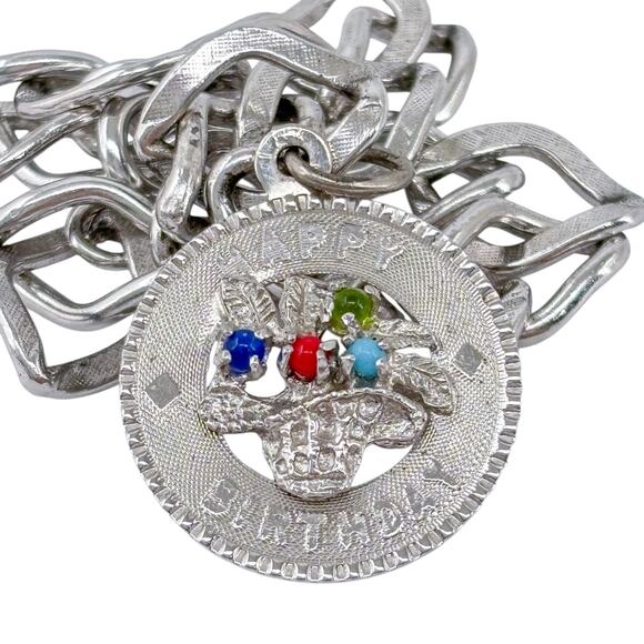 Vintage Sterling Silver 925 | Glass Bead Happy Birthday Charm Bracelet | 7" - Picture 9 of 11